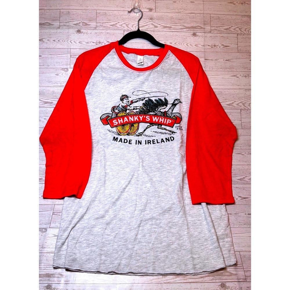 Shanky's Whip Baseball Tee Mens L Red Grey Graphic Raglan Vintage 90s Streetwear